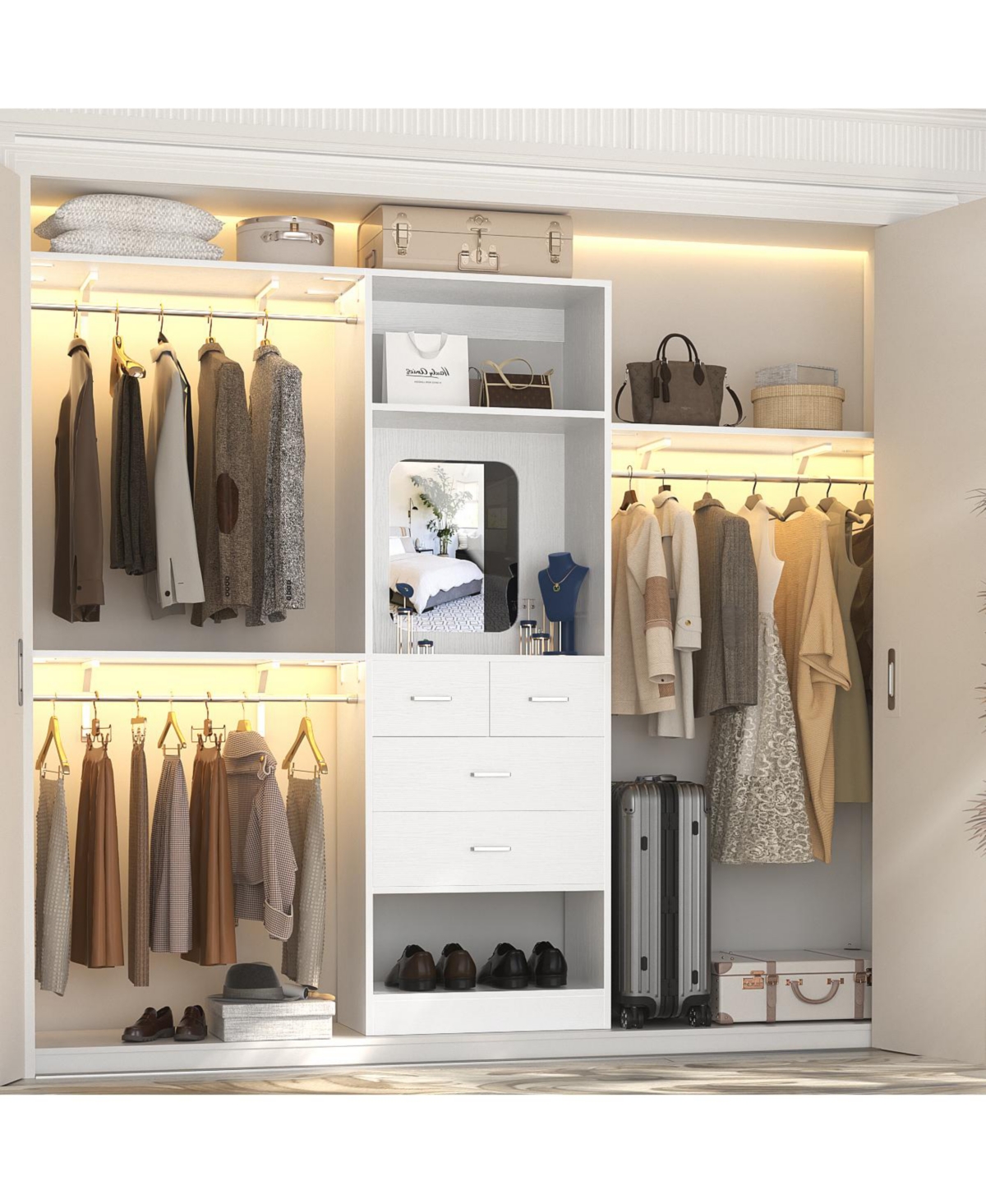 Aheaplus 96'' Closet Organizer System with 4 Drawers & Mirror, Heavy Duty Closet System with 3 Shelving Towers & Hanging Rods
