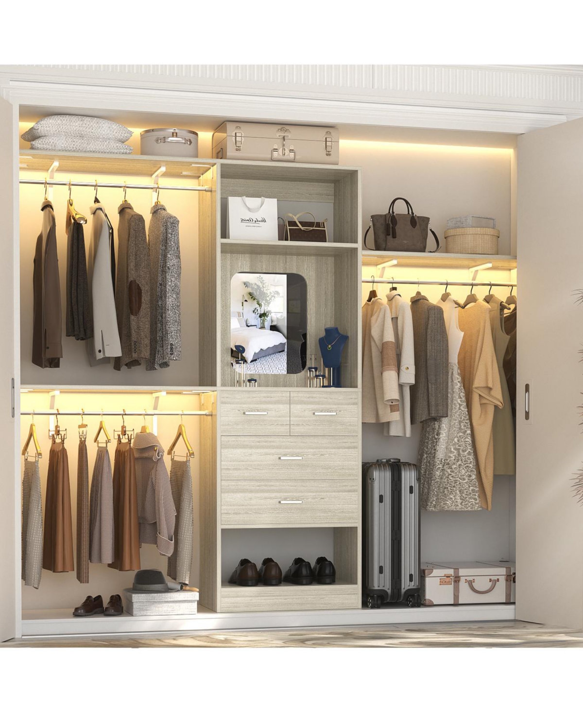 Aheaplus 96'' Closet Organizer System with 4 Drawers & Mirror, Heavy Duty 3 Shelving Towers Hanging Rods