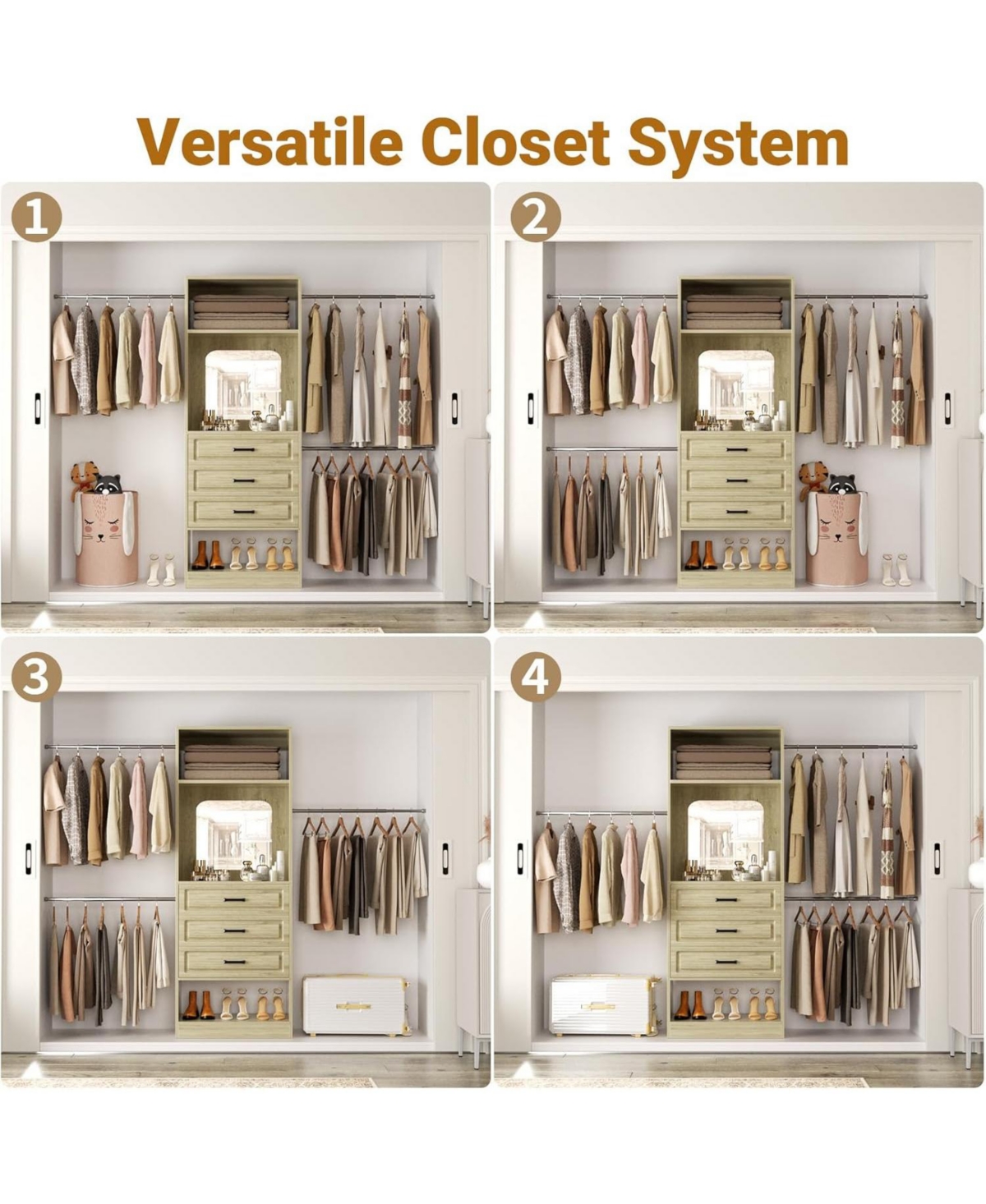 Aheaplus 48-96 Inch Adjustable Closet Organizer with Drawers and Mirror