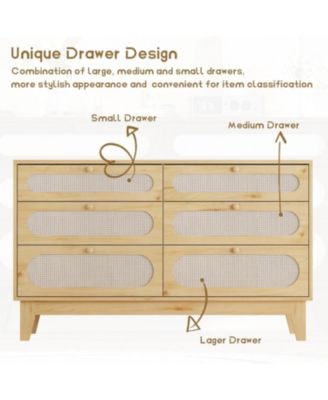 Rattan 6 Drawer Dresser, Modern Oak Storage Chest of Drawers for Closet, Bedroom, Living Room, Entryway, Hallway