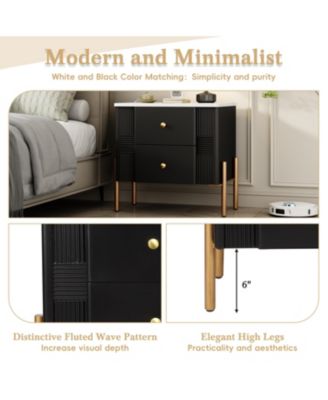 Modern MDF Nightstand with 2 Storage Drawer, Fluted Bedside Table with Metal Handles and Legs for Living Room and Bedroom, Easy Assembly