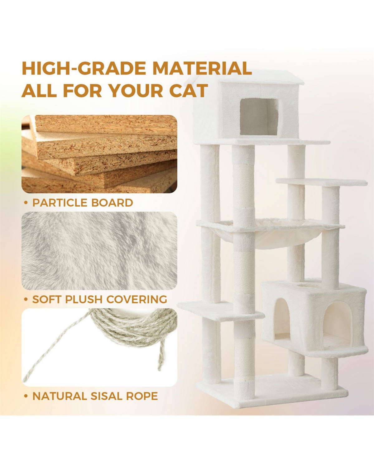 Aostirmotor 64'' Cat Tree with Unique Cat House, Hammock, Scratching Posts in Beige