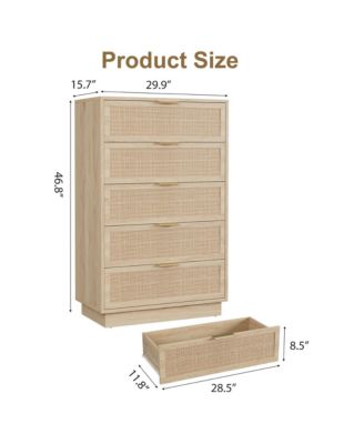 5 Drawer Rattan Dresser for Bedroom, Integrated Cabinet Body & Legs Design