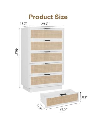 5 Drawer Rattan Dresser for Bedroom, Integrated Cabinet Body & Legs Design