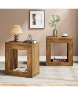 Rustic End Table Set of 2, 2-Tier Wooden Side Table with Sturdy Base, Farmhouse Narrow Nightstand with Storage Shelf