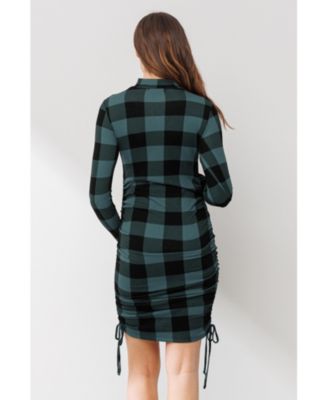 Maternity Bodycon Plaid Side Ruched Long Sleeve Dress
