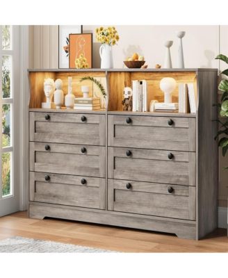 6-Drawer Modern Dresser with Power Outlet & LED Light, Large Capacity Wood Storage Chest TV Stand for Bedroom, Living Room