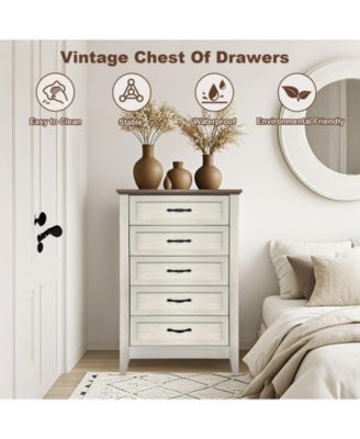 5-Drawer Vintage Wood Dresser, Tall Modern Storage Organizer for Closet, Living Room, Bedroom, Nursery, Hallway