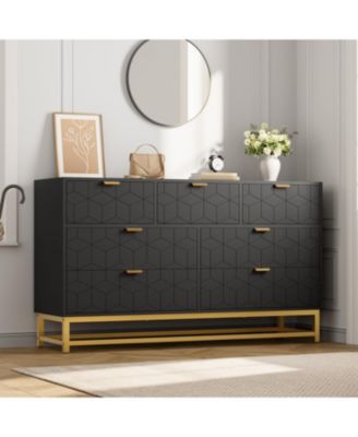 53.5 Inch Black 7-Drawer Modern Dresser, Gold Metal Handle & Legs, Chest Storage Organizer for Closet, Entryway