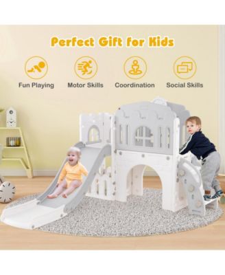 Indoor Toddler Slide Playset with Climber Tunnel Basketball Hoop and Activity Center