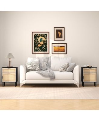 Rattan Nightstand Set of 2 with Drawer and Cabinet