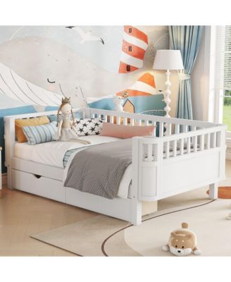 Twin Size Wood Platform Bed for Kids with Low Profile, Safety Rails & 2 Wheeled Storage Drawers