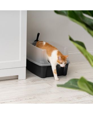 USA 2 Pack Large Cat Litter Boxes with Scatter Shield and Scoop, Open Top High Sided Cat Litter Pan, Black