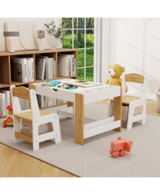 Kids 2 in 1 Play Table with 7 Storage Compartments 2 Chairs LEGO Compatible Building Surface Whiteboard Modern Activity Learning Furniture