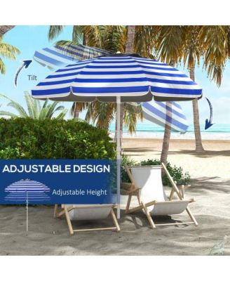 5.7ft Portable Beach Umbrella with Tilt Adjustable Height 2 Cup Holders Hooks UV 40 Plus Blue White Stripe