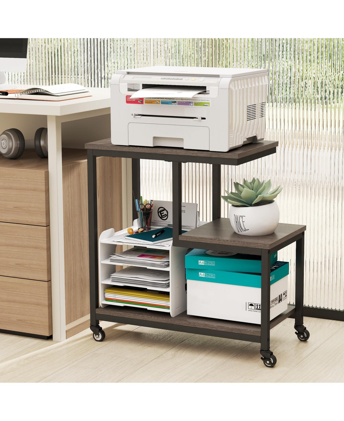 sumyeg G-shaped Side Table 3-Tier Mobile End Table with Open Shelves