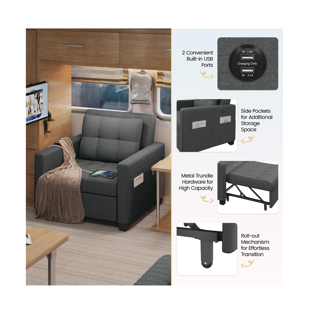 Yaheetech 3-in-1 Convertible Sleeper Chair Bed with Adjustable Backrest