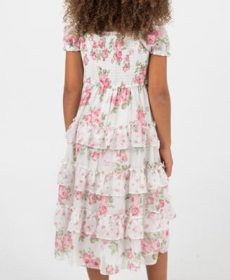 Girls' 2T-6X Twin Print Floral Chiffon Smocked Puff Sleeve Dress