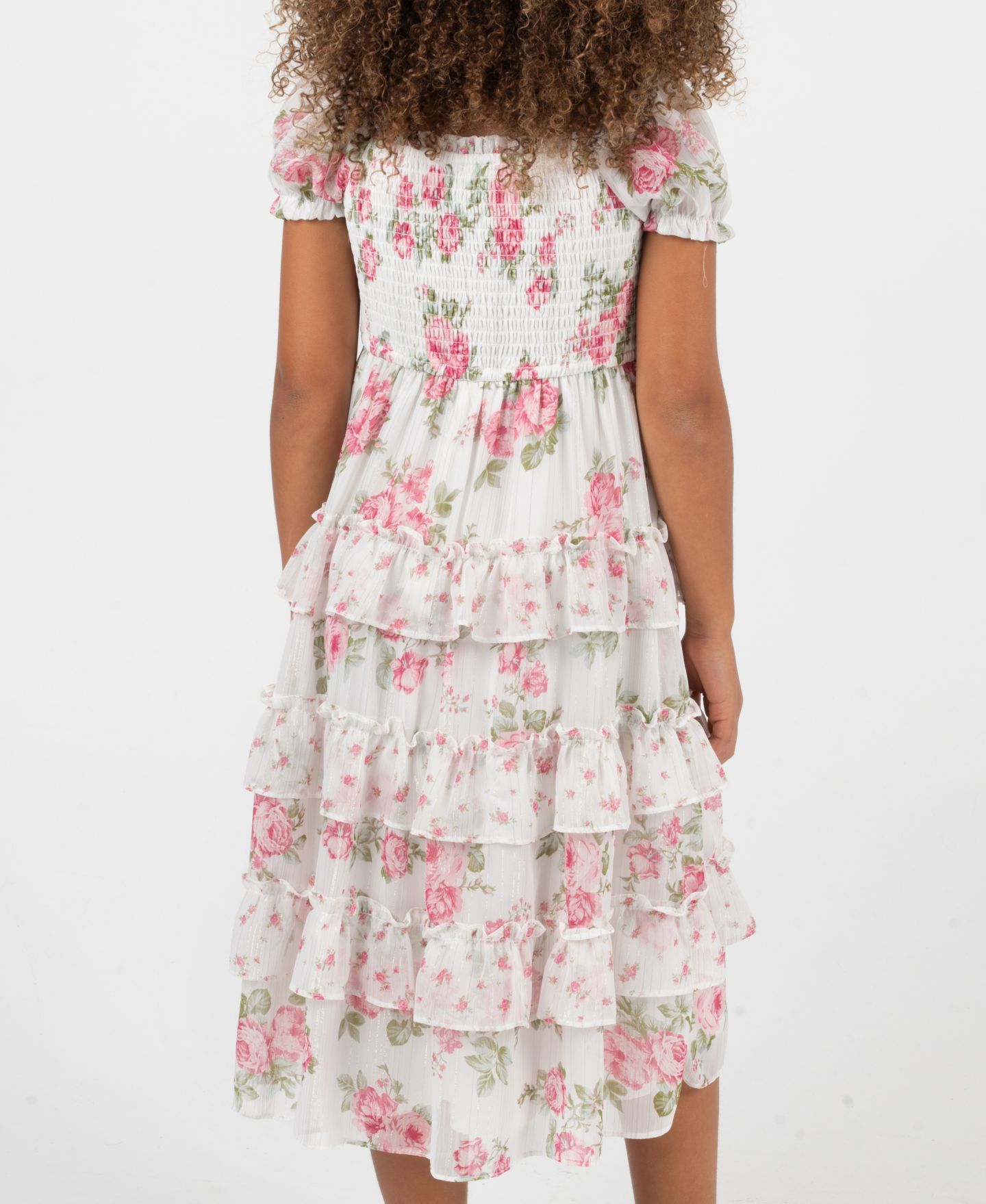 Платье Rare Editions Twin Print Floral Chiffon Smocked Puff Sleeve Dress для девочек, цвет: Розовый — фото 4