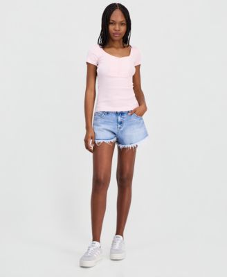 Juniors' Ribbed Lace-Yoke Top