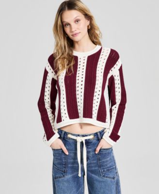 Women's Crewneck Stripe Crochet Sweater