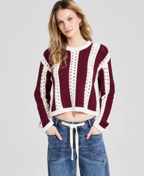 Petite Open-Stitch Stripe Long-Sleeve Sweater - Burgundy