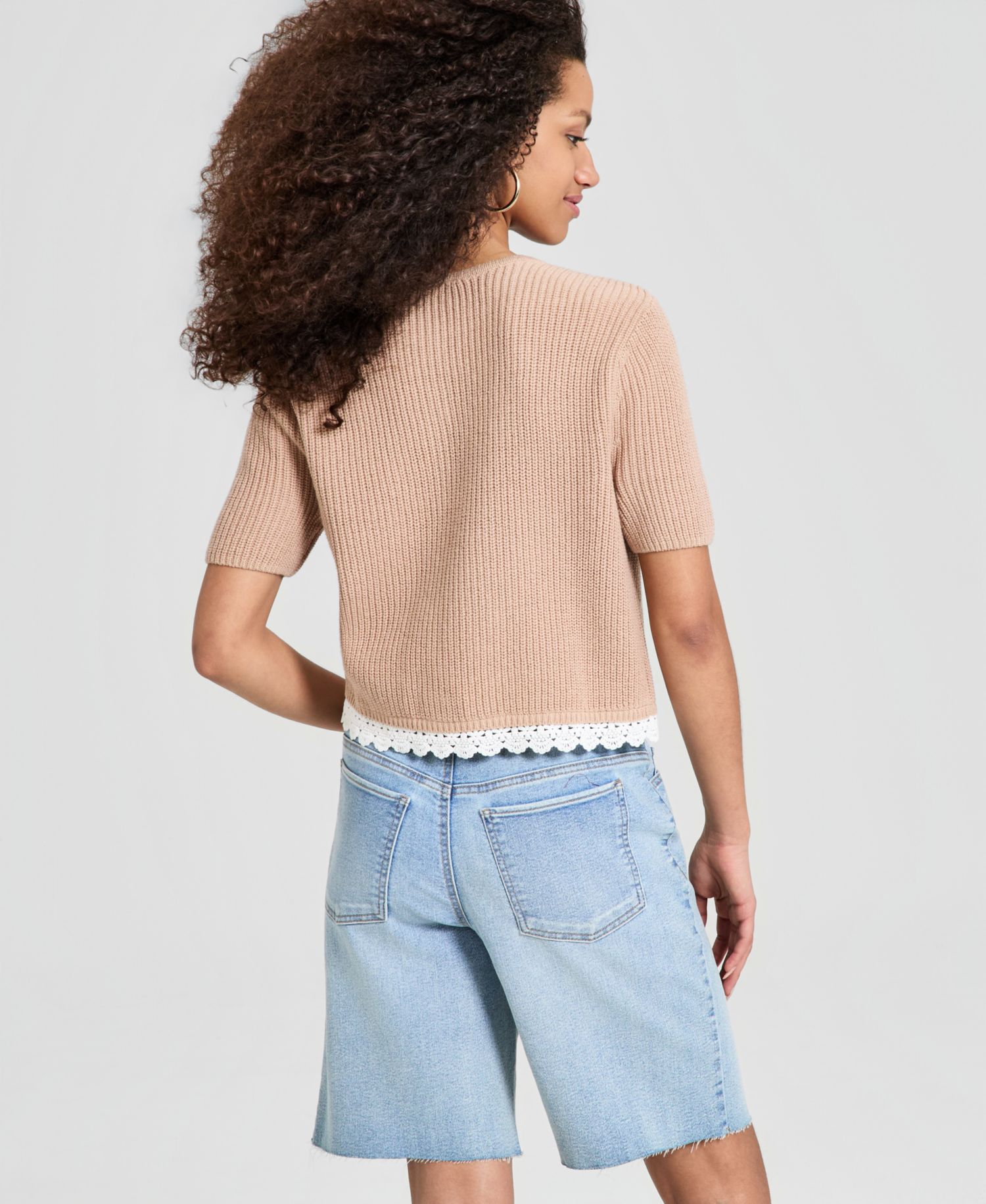 Women's Crochet-Trim Rib-Knit Sweater