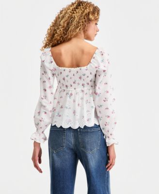 Juniors' Printed Cotton Long-Sleeve Babydoll Top