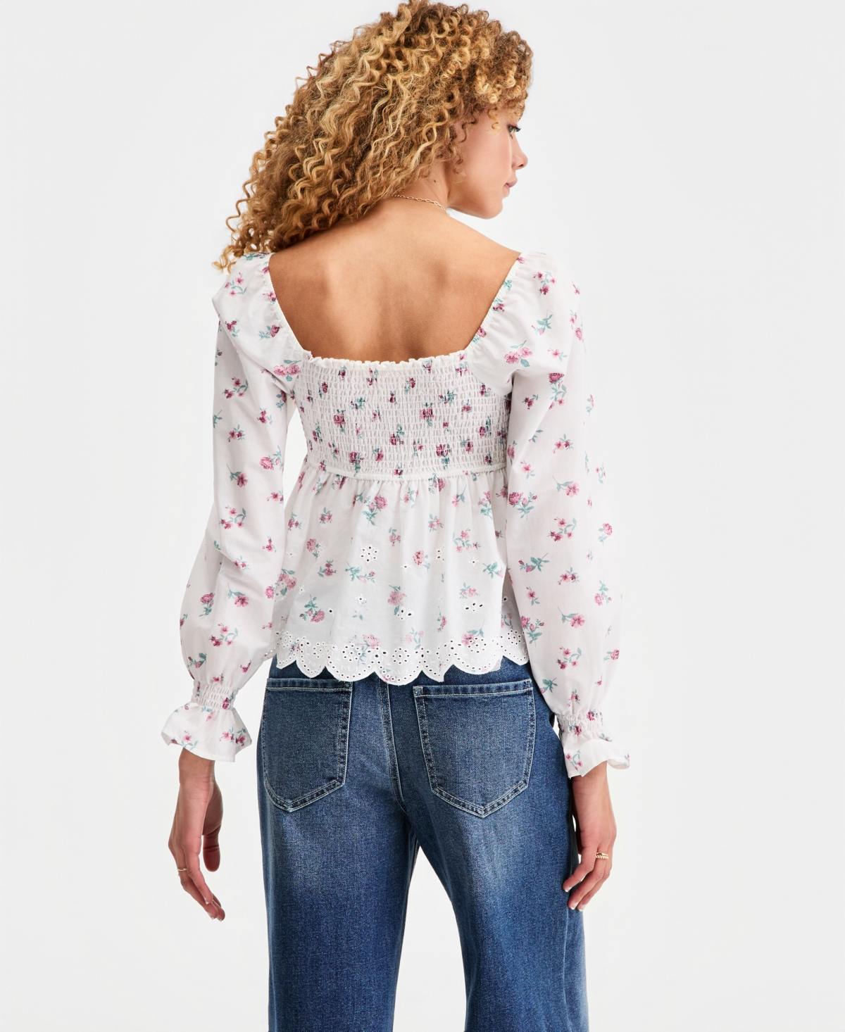 Madden Girl Juniors' Printed Cotton Long-Sleeve Babydoll Top