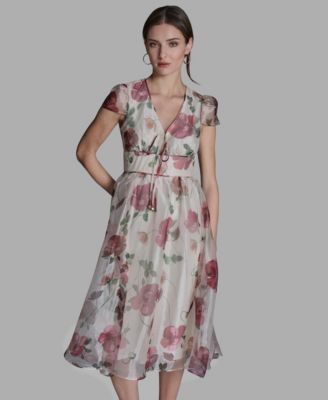 Women's V-Neck Organza Floral Fit-and-Flare Midi Dress