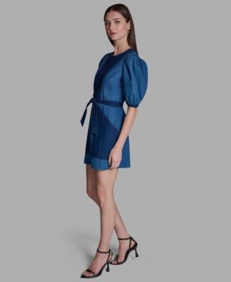 Women's Two-Tone Tie Waist Crew neck Dress