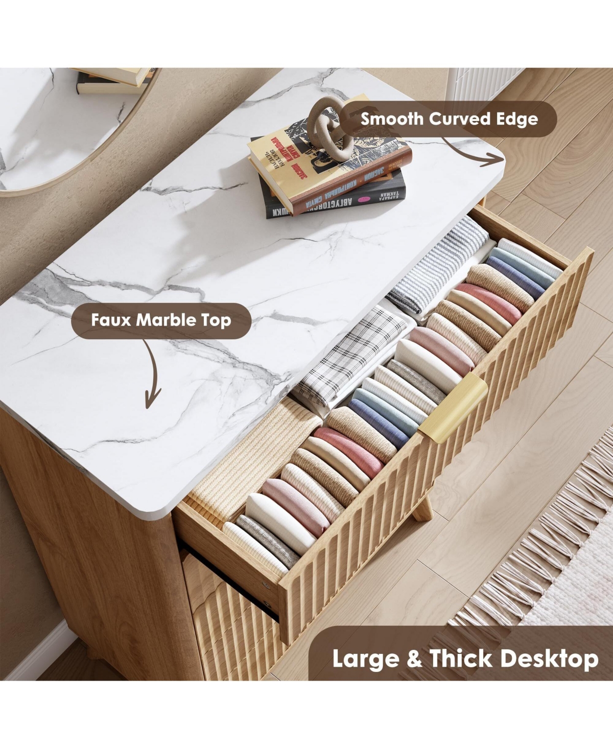 Fluted Dresser for Bedroom with 5 Deep Drawers