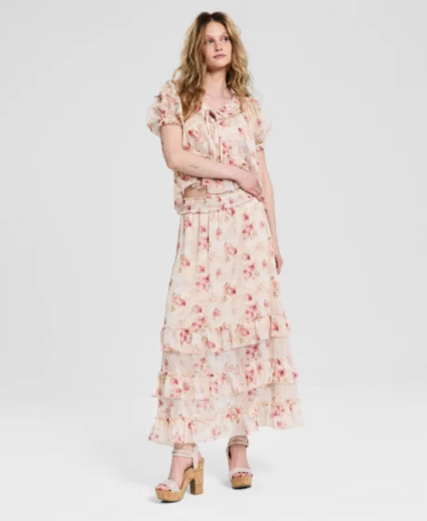 Petite Floral-Printed Pull-On Maxi Skirt - Peach Floral