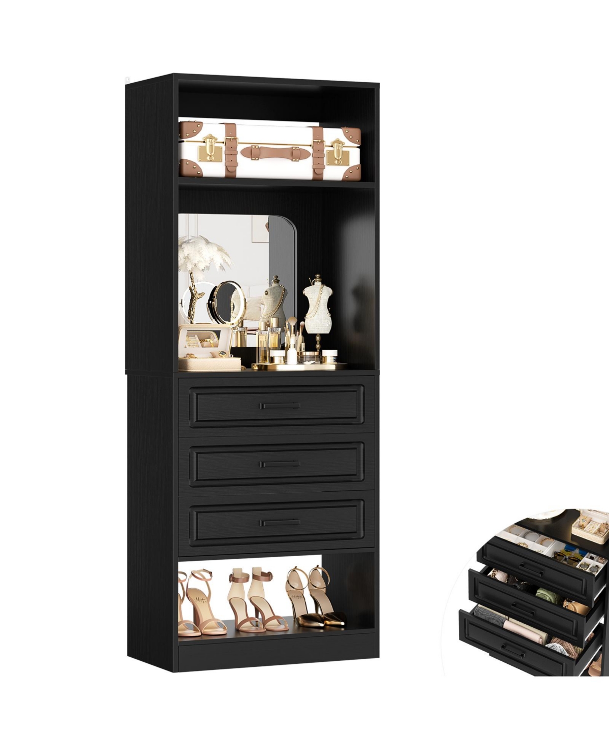 Aheaplus Mdf, Metal, Glass Freestanding Closet System with 3 Drawers, 25'' Drawer Organizer Mirror and Storage Shelves