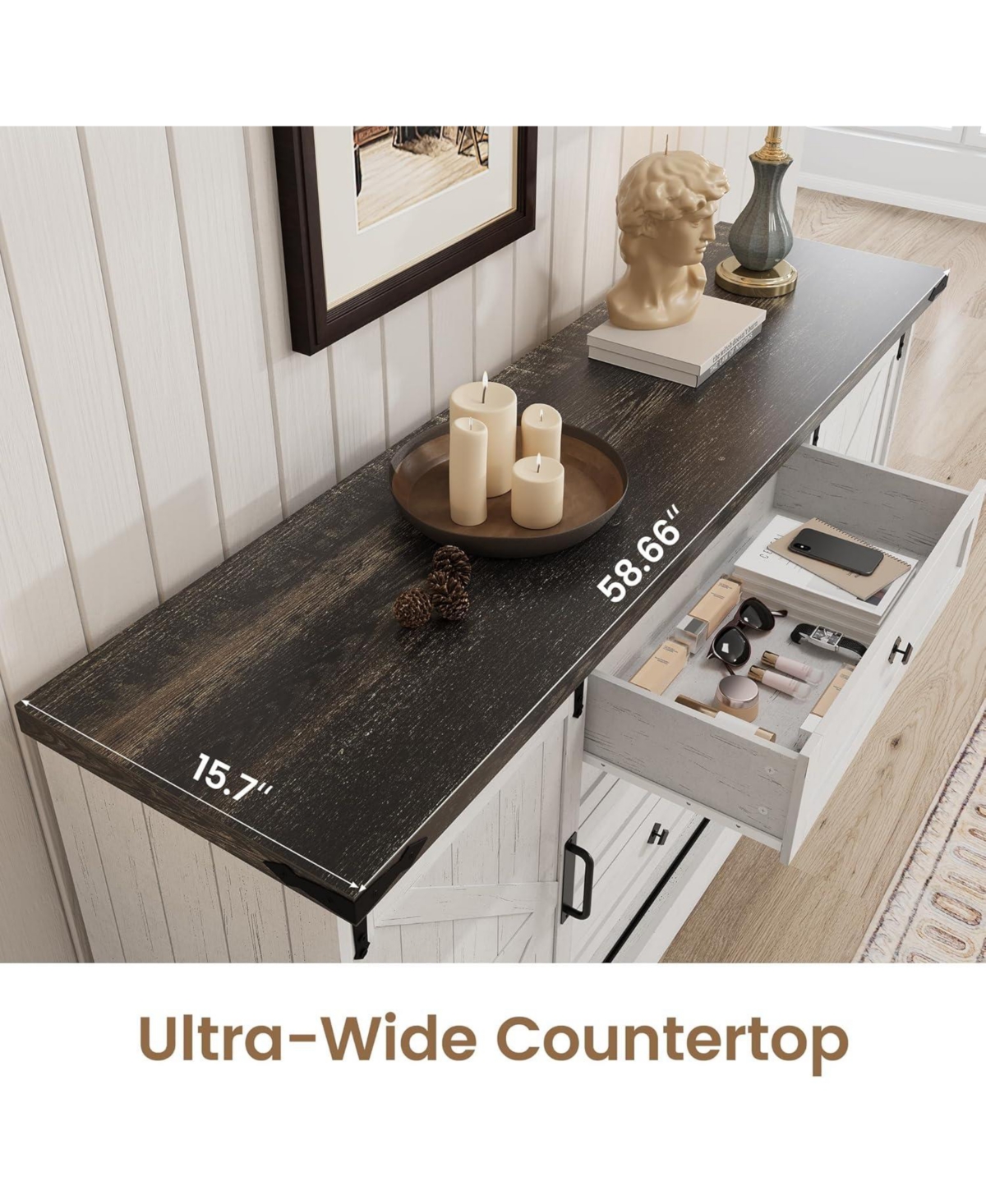 gaomon 4-Drawer Farmhouse Dresser with Sliding Barn Doors, Antique White Mdf Tv Stand, Storage Chest, Bedroom