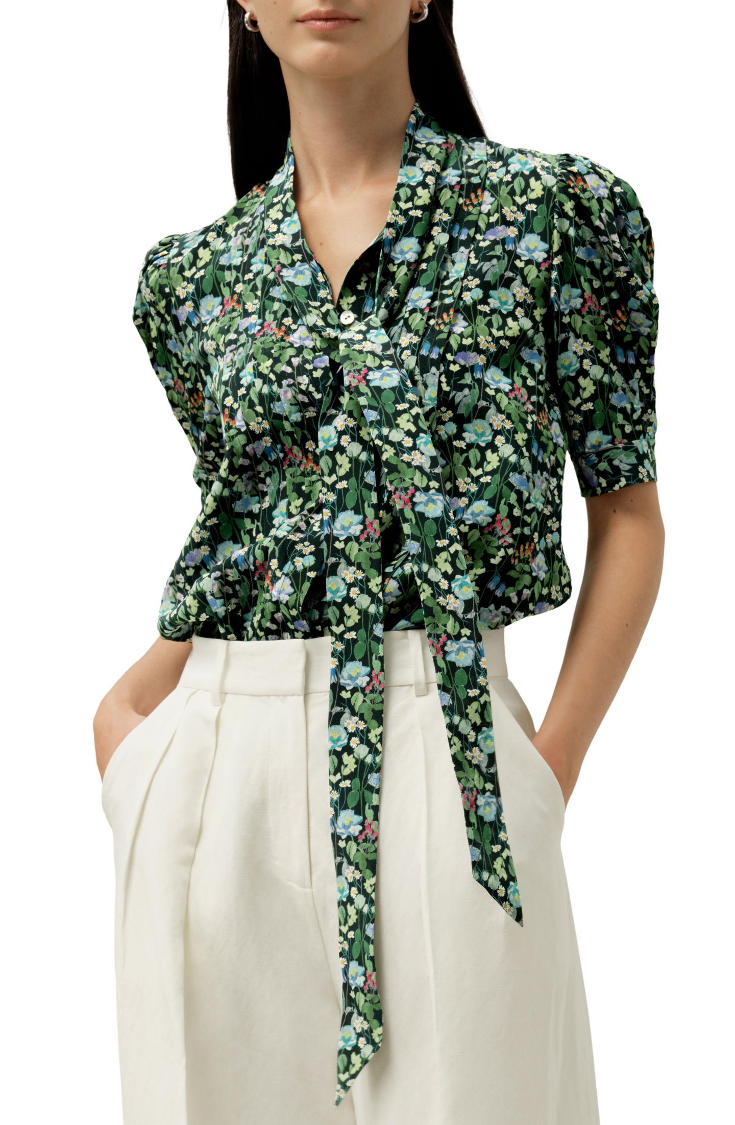 Женская блузка LILYSILK Puff-Sleeve - Made With Liberty Fabric, цвет: Тёмно-зелёный — фото 1