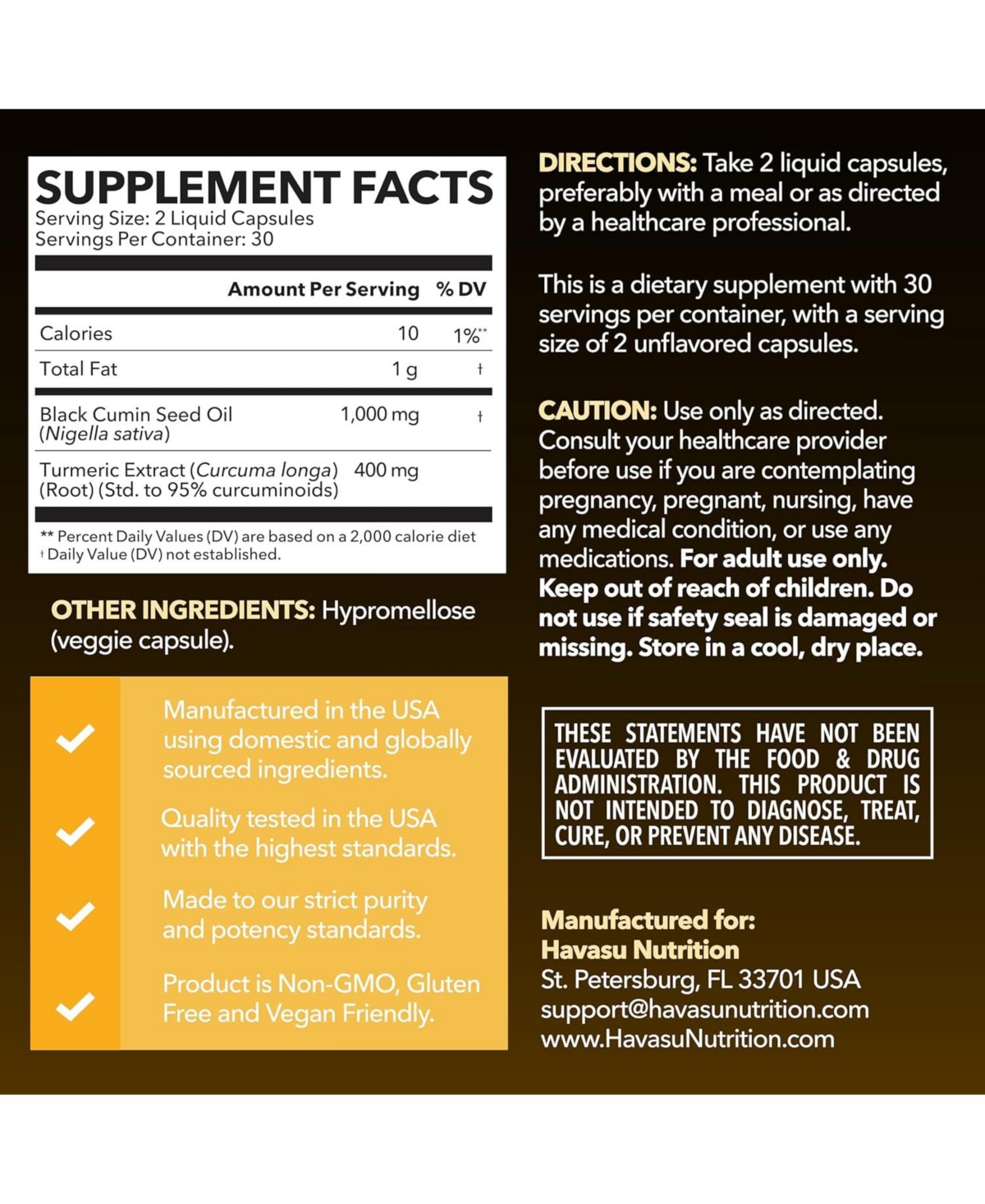 Havasu Nutrition Black Seed Oil + Turmeric Liquid Capsules, 60ct