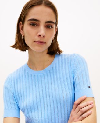 Women's Pointelle Ribbed Short-Sleeve Sweater