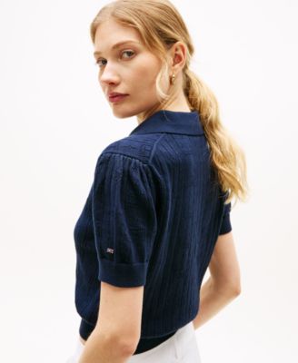 Women's Flag Pointelle Puff-Sleeve Polo Sweater