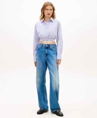 Women's Poplin Cropped Collared Shirt