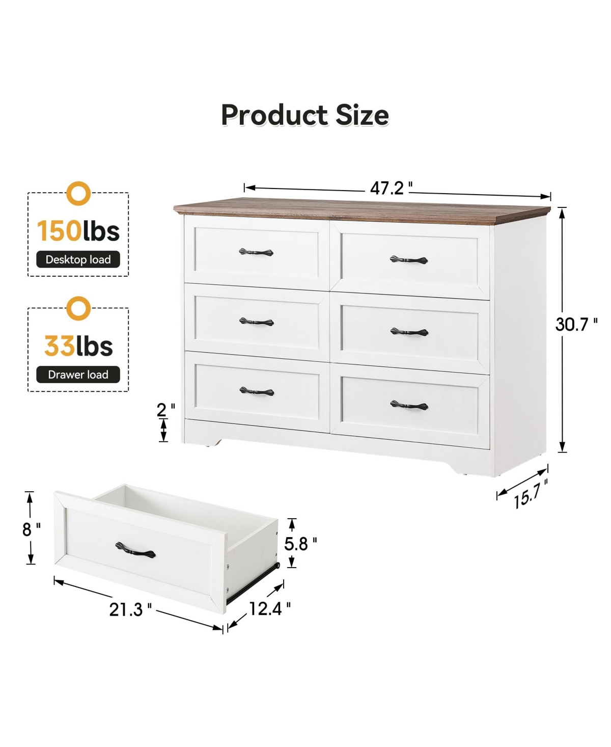 gaomon 6 Drawer White and Brown Modern Dresser, Chest of Drawers Organizers, Closet Storage Cabinet for Bedroom