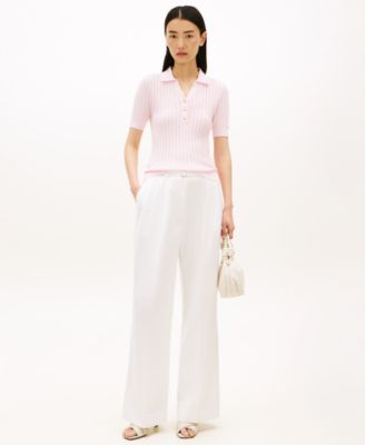 Women's Pointelle Rib Short-Sleeve Polo Sweater