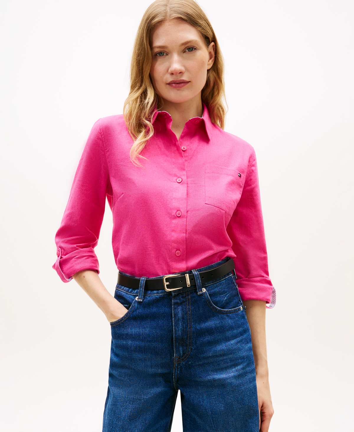 Tommy Hilfiger Women's Roll-Tab Sleeve Collared Shirt - Pink Perfection