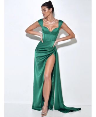 Women's Zayda Green High Slit Corset Satin Gown