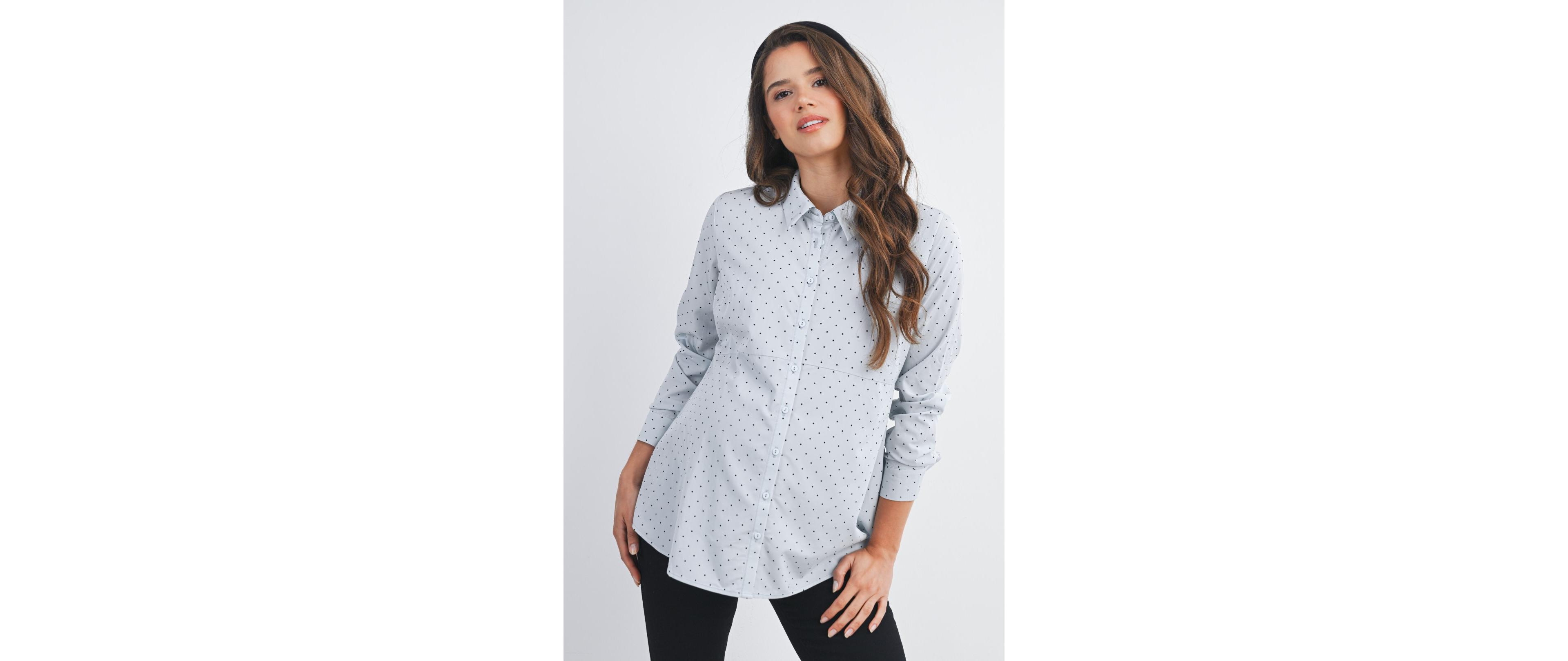 Hello Miz Maternity Button Down Polka Dot Long Sleeve Nursing Top