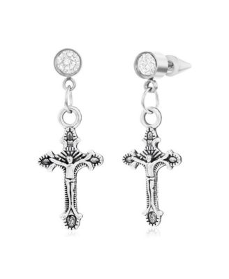 Stainless Steel Oxidized Cross Charm & CZ Huggie Hoop Earrings