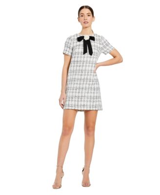 Mug Duggal Women's Bow Short Sleeve Boucle Mini Dress