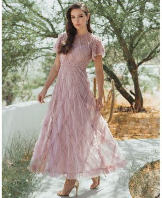 Women's Mesh High Neck Short Sleeve Ruffle Maxi Dress