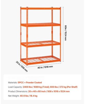 4-Tier Storage Shelves, 2400-Lb Capacity, 20"D x 40"W x 60"H, Adjustable Heavy-Duty Utility Rack