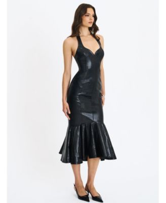 Women's Gardenia Black Leather Midi Sweetheart Halter Flared Dress